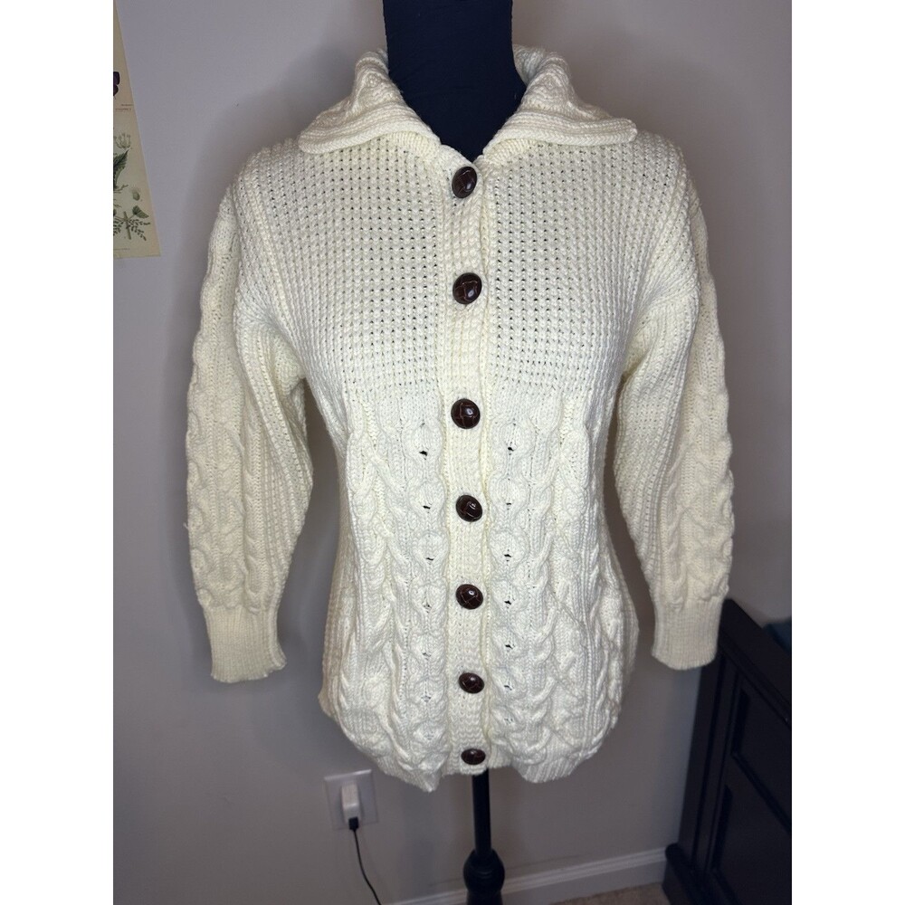 Sweater Bee By Banff Hand Loomed Knit Ivory Button Up Cardigan  Sz L Acrylic